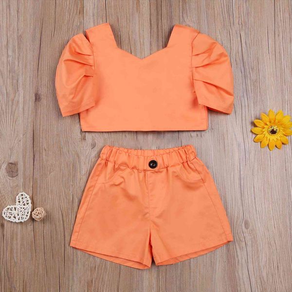 2 7years girls clothes sets orange short puff sleeve backless bowknot shorts 2pcs outfits summer children clothing, White